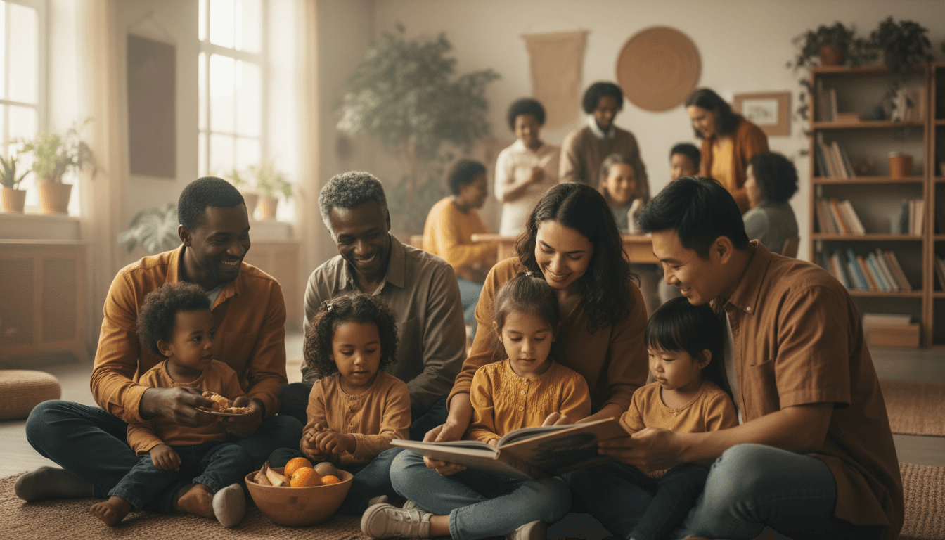 Verschiedene Familien sitzen zusammen in einem hellen Gemeinschaftsraum und teilen einen Moment der Verbundenheit